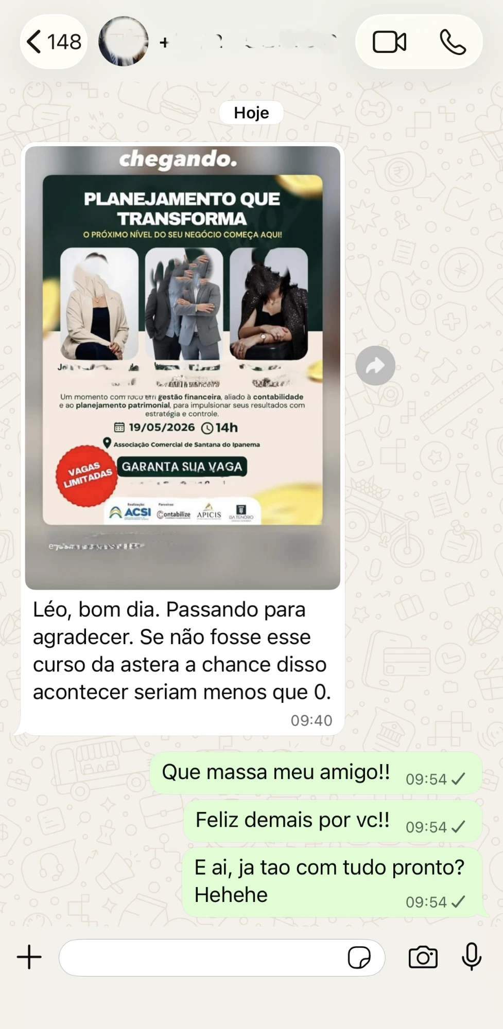 Agradecimento: sem o curso da Astera a chance seria quase zero